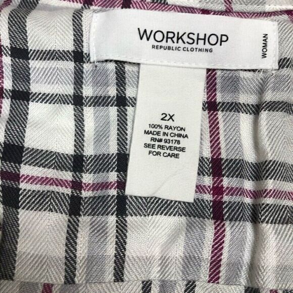 Y-100~ Workshop Womens Button Front Shirt White Plaid 3/4 Slv Notch Neck Plus 2X - Picture 3 of 3
